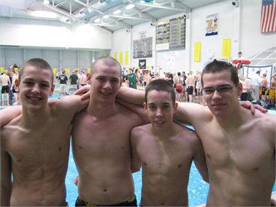 (Aidan Burton -11, Jake Bolton - 10, Tommy Petro - 10, and Kevin Bohland - 12) This relay team broke the school record in the 200 Medley at SWC, and then again at Sectionals with a time of 1:47.49, breaking the old record of 1:49.81 set in 2005 