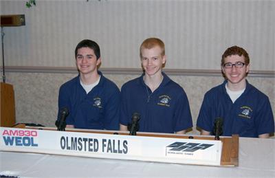 The Olmsted Falls High School academic team including, left to right, Xavier Rivera, Andy Nageotte, and Zach Buchta, was heard on the April 14th broadcast of the High School Scholastic Games quiz program on WEOL (AM 930).