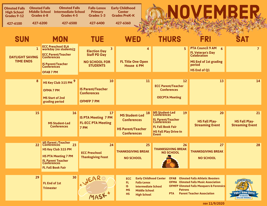 November 2020 District Activities Calendar